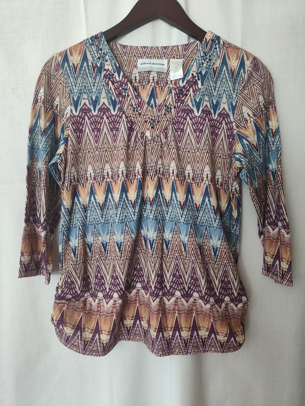 Alfred Dunner Multicolor Zigzag V-Neck Tunic 3/4 Sleeve, Size PS